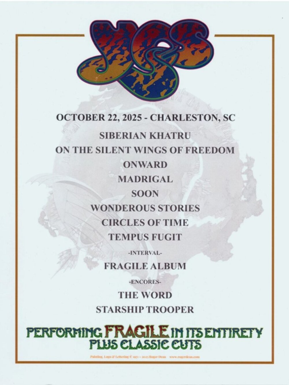Yes band Fragile Tour Setlist Poster - Roger Dean design - Charleston SC 2025